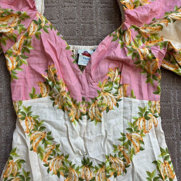 Farm Rio x Anthropologie V-Neck Puff-Sleeve Linen Romper Women's M Pink Tropical - Picture 4 of 10